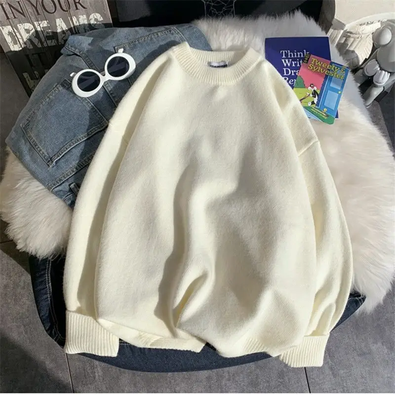 2023 New Autumn and Winter Korean Edition Simple Loose Casual Versatile Thread Round Neck Long Sleeve Solid Knit Sweater