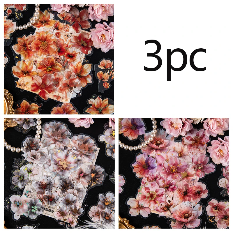 3pc Creative Art Flower Stickers, made of waterproof PET material, suitable for decorating stationery, diaries, scrapbooks, etc
