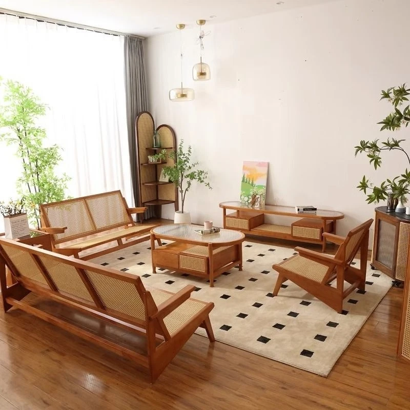 Light Luxury Solid Wood Rattan Combination Changhong Glass Double Layer with Drawers Round Home Living Weaving