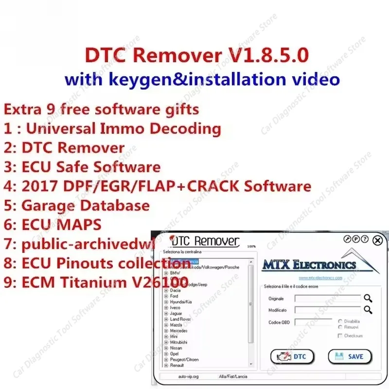 

Программное обеспечение MTX DTC Remover 1.8.5.0 для удаления кодов неисправностей ЭБУ с кейгеном и 9 дополнительными программами для настройки ЭБУ, совместимое с KESS, KTAG, FGTECH для OBD.