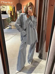 Clacive Fashion Loose Stripe Print Trousers Sets For Women 2 Piece 2024 Elegant Long Sleeve Shirt With High Waist Wide Pants Set