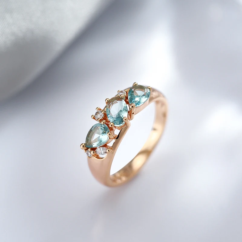 Kinel New Blue Natural Zircon Ring for Women Geometry 585 Rose Gold Rings Vintage Ethnic Bride Wedding Jewelry Party Accessories