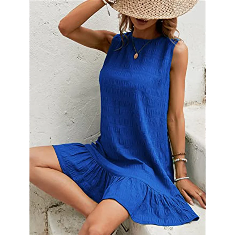 ABP-Vestito da donna senza maniche con orlo arricciato, girocollo, grembiule casual, mini abiti estivi