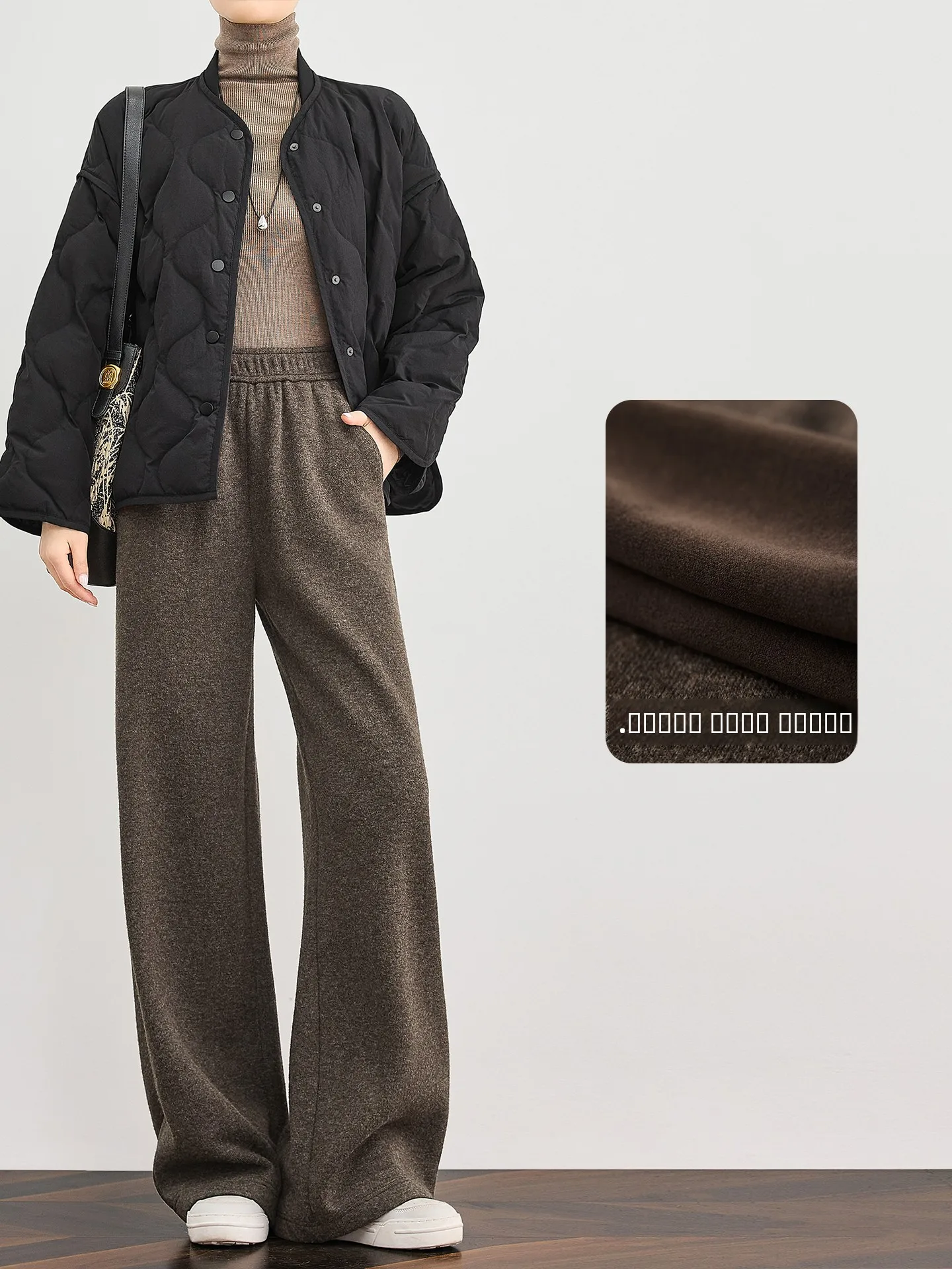 

Falin Women's Woolen Wide Leg Pants Deep Brown Knitted Straight Cut Floor-Length Trousers Winter Warm Casual Pants