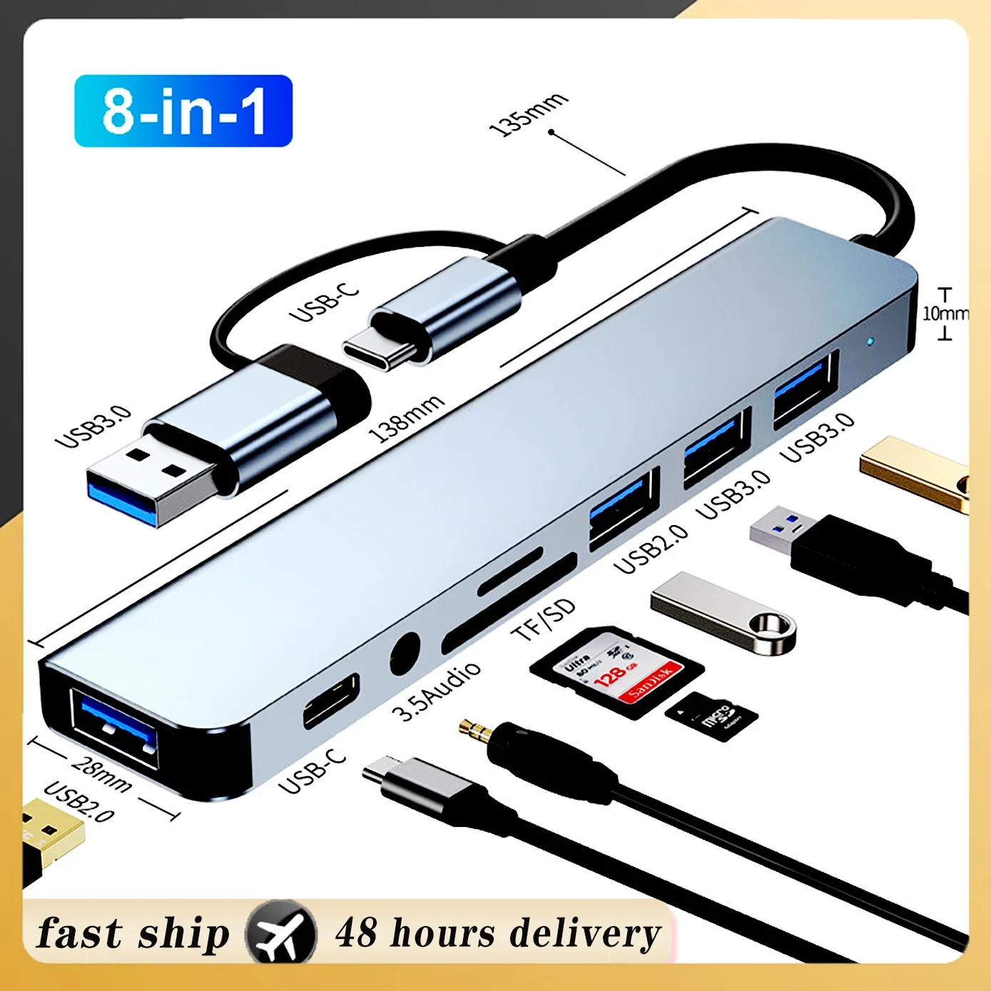 8-In-2 Usb Hub 3.0 Usb C Hub Dock Station 5Gbps Hoge Snelheid Transmissie Usb Splitter Type C Naar Usb Otg Adapter Voor Macbook Pro