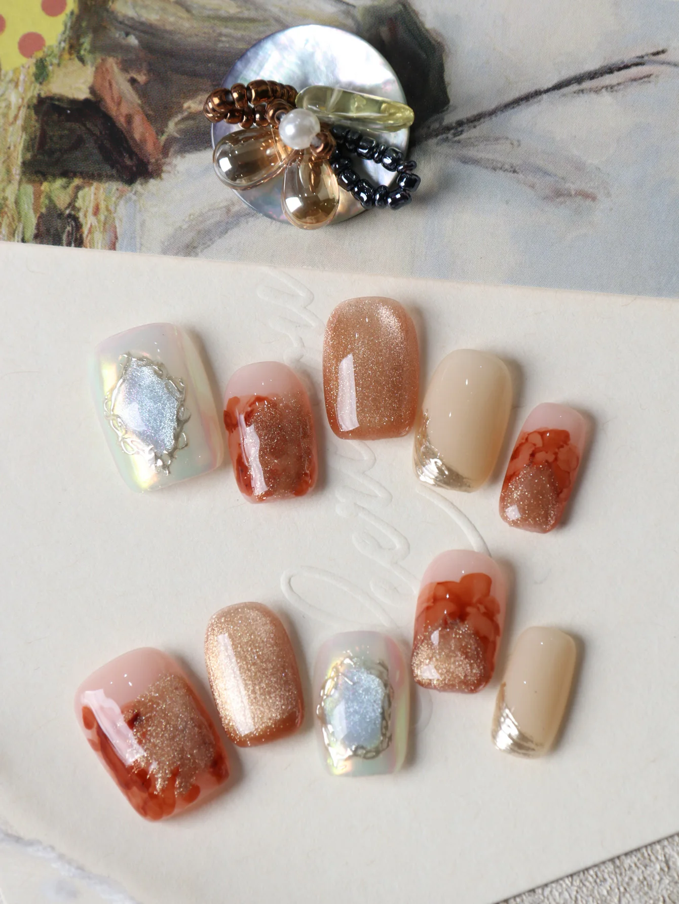 10Pcs Press on Nails Brown Halation Blue Cat Eyes Fake Nails Includes 1 Sheet of Adhesive Tabs & 1 Pc Mini File