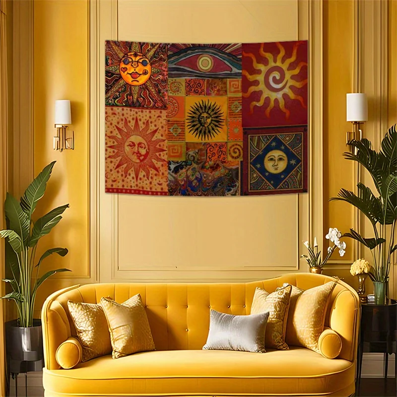 VIKAMA Bohemian Sun Eye Wandteppich im Ethno-Stil, bunte geometrische Wohnzimmerkunst, Instagram-inspirierte Raumdekoration