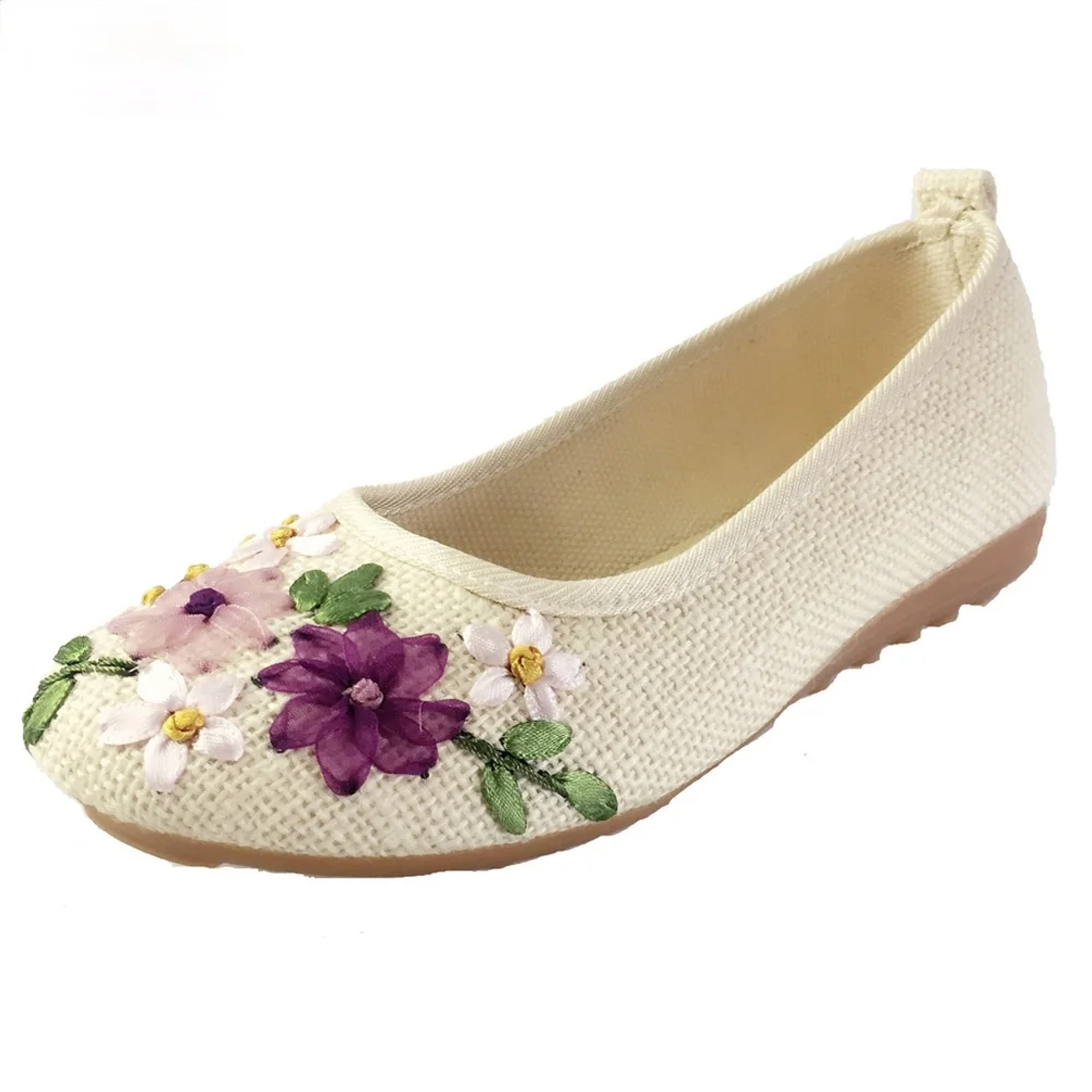 Vintage Embroidered Women\'s Flats Flower Slip on Cotton Fabric Linen Comfortable Old Peking Ballerina 2022 Shoes Sapato Feminino