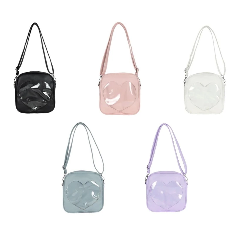 E74B PU Square Messenger Bags Casual Clear Heart Shaped Shoulder Bag Women School Bags PU Leather Purse Ita Bag