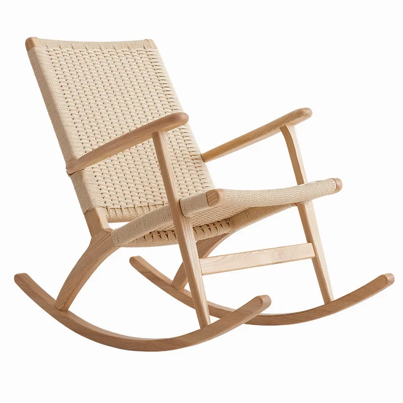 

Solid wood high back rocking chair, rocking chair, Nordic rattan weaving Japanese rattan solid wood elderly lounge