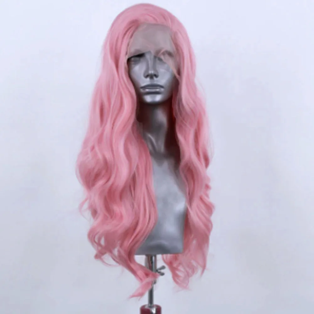 Wig renda depan sintetik Webster Wig renda rambut merah muda serat temperatur tinggi untuk wanita Wig bergelombang rambut panjang Cosplay tahan panas