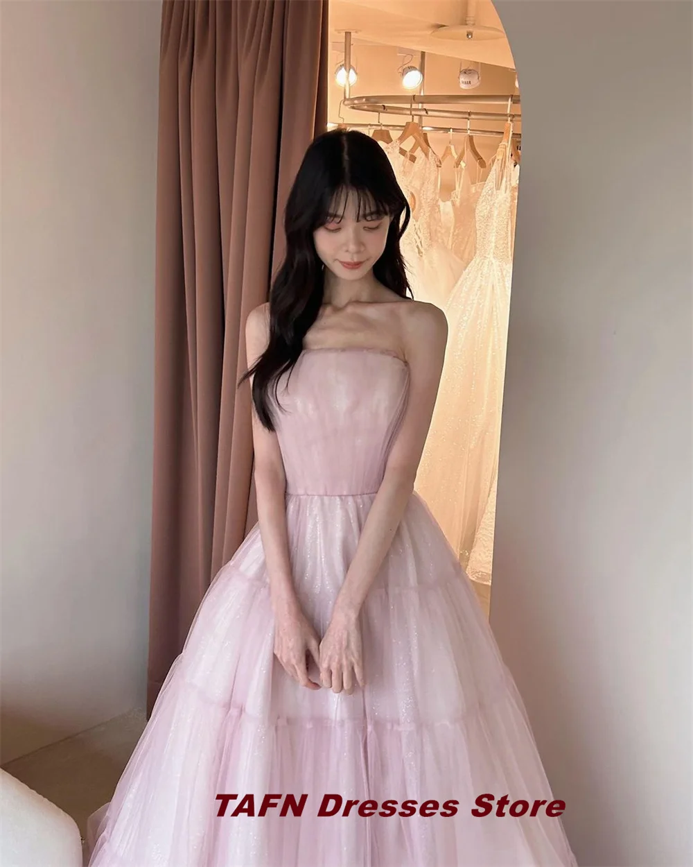 Tafn Prinzessin rosa Fotoshooting Kleider träger lose Hochzeits empfang Kleider A-Linie Sweep Zug elegante ärmellose Brautkleid