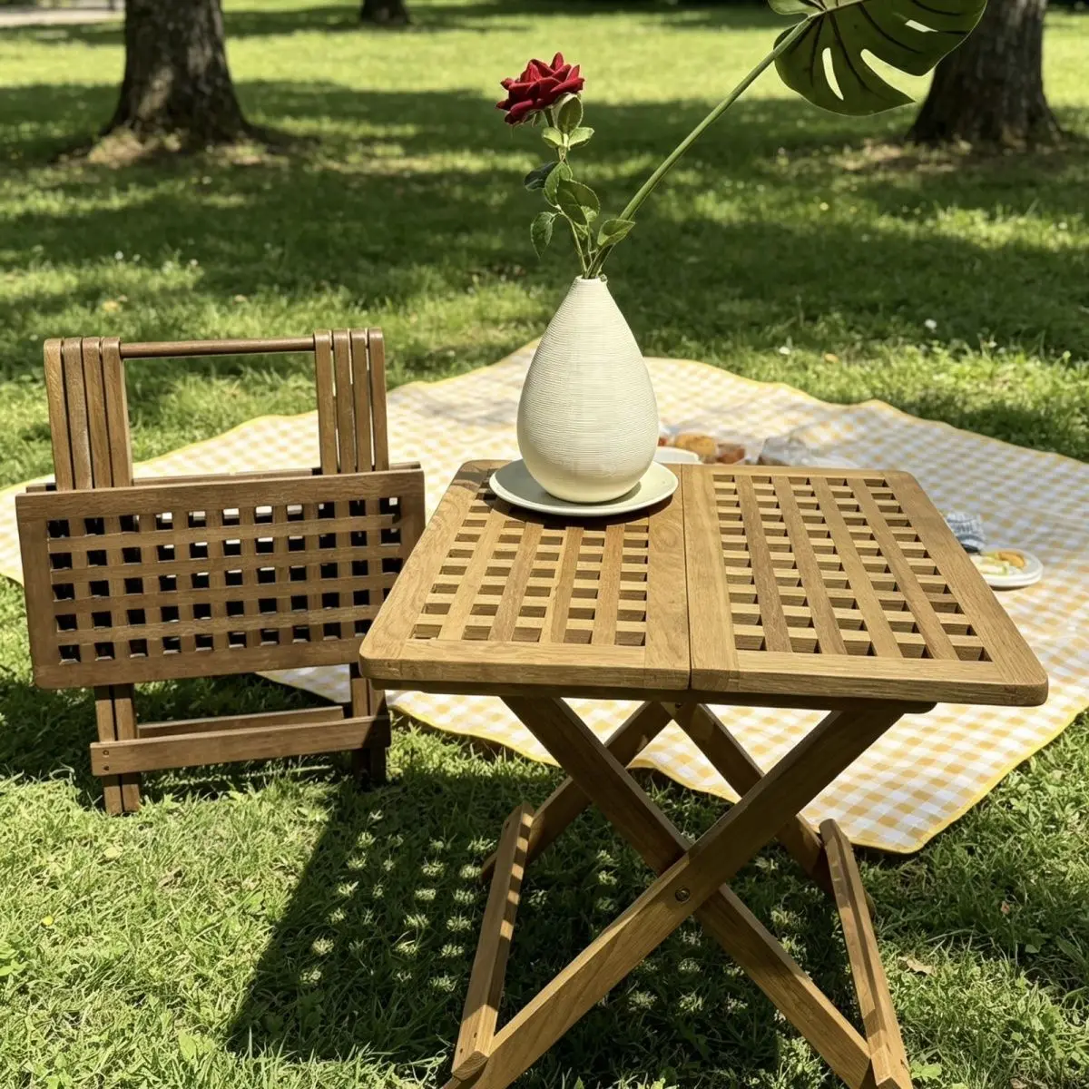 Foldable Wooden Side Table Portable Square Grid Top X Leg Small Dining For Outdoor Picnic Camping Garden Patio Backyard Balcony
