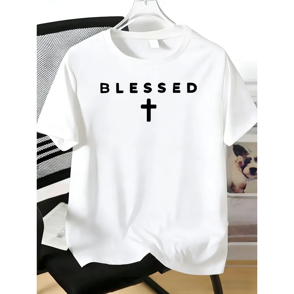 Men Crew Neck Short Sleeve T Shirt Blessed Cross Faith Letter Print Soft Cotton Religious Daily Casual Male Summer Basic Top