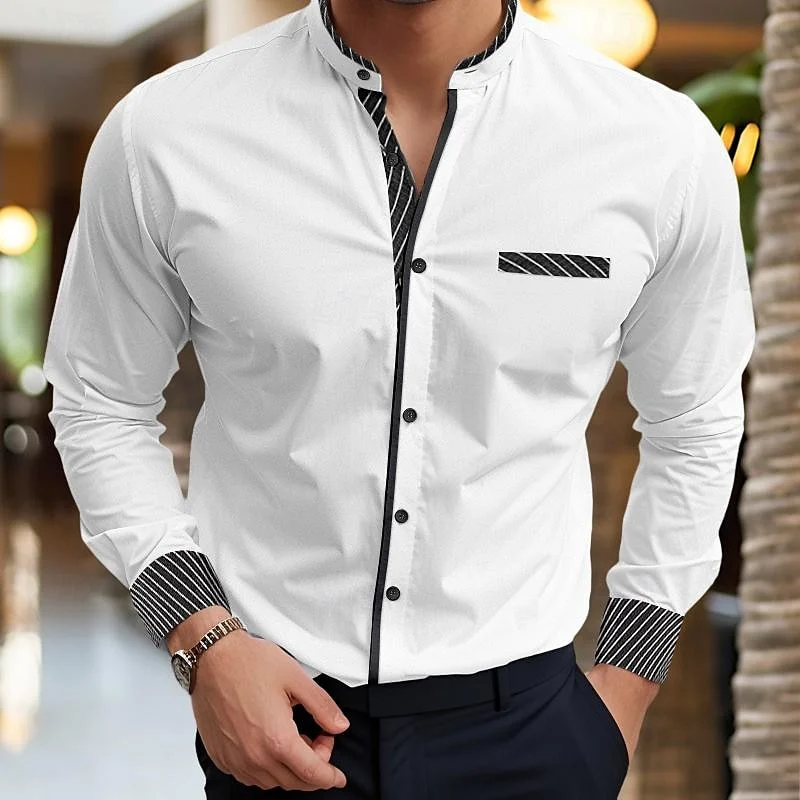 Men's Shirts Stand Collar Shirts Formal Button Shirts Grey Long Sleeves Spring Summer Wedding Everyday Wear Front Pockets 6XL