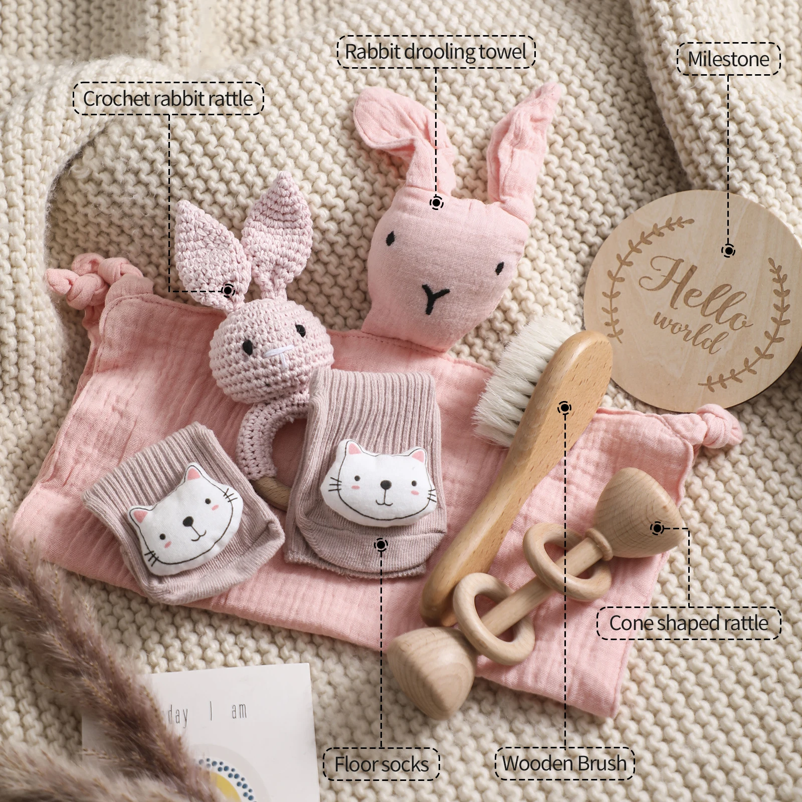 Baby Double Sided Cotton Blanket 7PCS Newborn Bath Set Gift Box Wooden Crochet Rattle Brushs Bracelet Towel For Baby Shower Gift