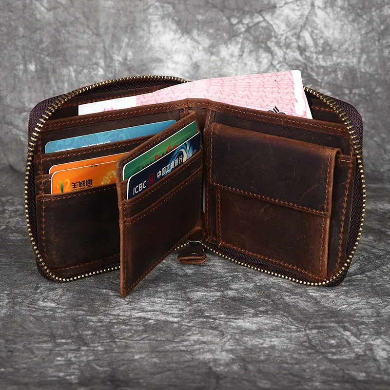 2027 New Vintage Business Men's Mad Horse Skin Wallets Genuine Leather Short Organizer Wallet Boy Brand Luxury Card Holder Purse