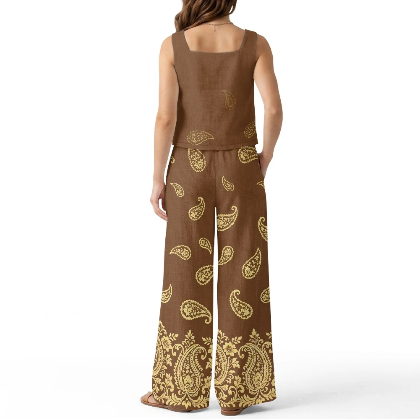 INSTANTARTS Women’s Linen Vest Set Women’s Wide-leg Trousers Lightweight Breathable Soft Comfortable Quick-dry Outfit Paisley view 2