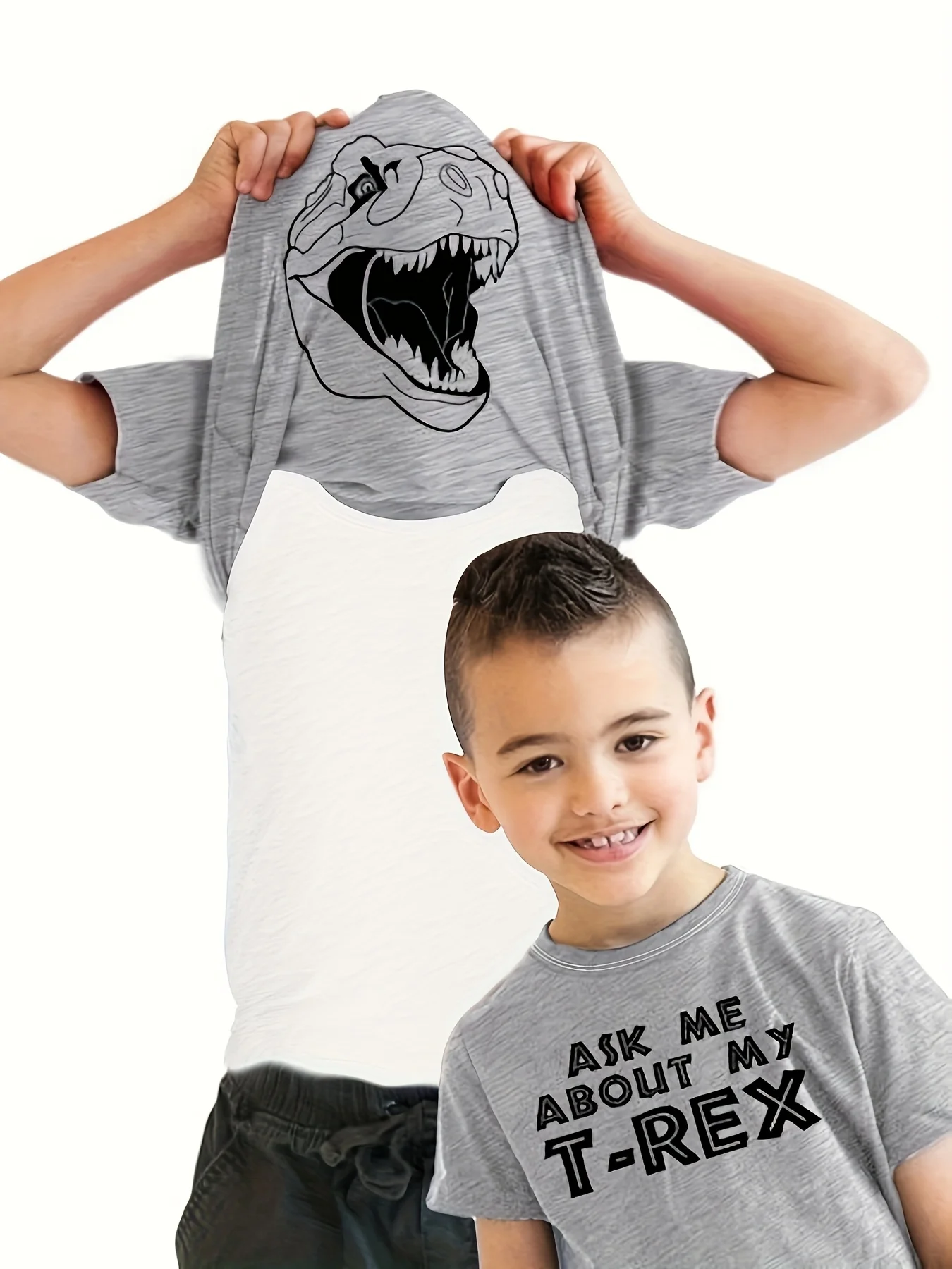 Boys Creative Short‑Sleeve T‑Shirt, T‑Rex Dinosaur Print Crew Neck Casual Tee, Summer Outfit for Middle‑Age & Teen Boys