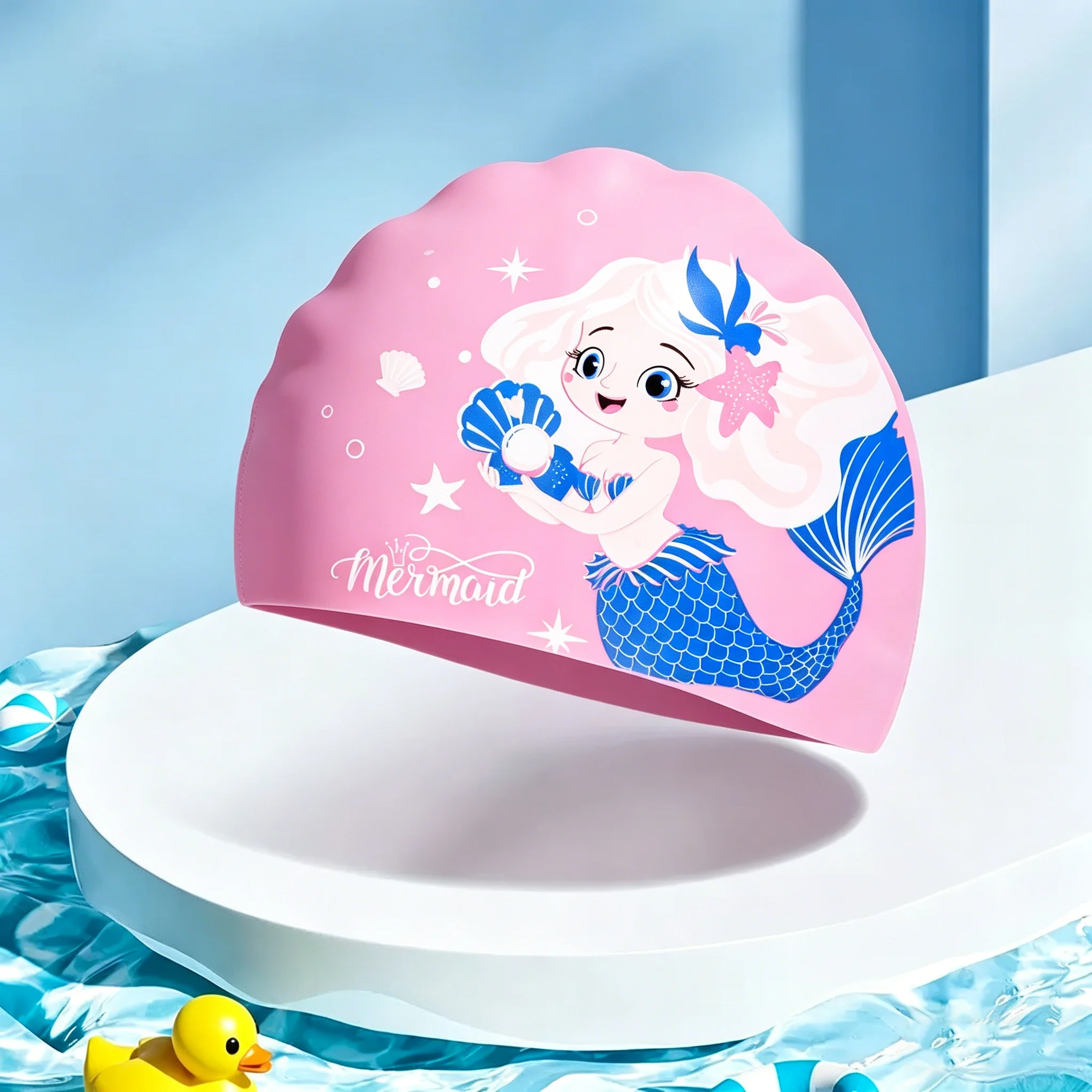 Kinder-Badekappe, niedliche Cartoon-Badekappe aus elastischem Silikon für Jungen und Mädchen, Schwimmausrüstung für langes Haar, wasserdichte Badekappe mit Ohrenschutz – Detail 4