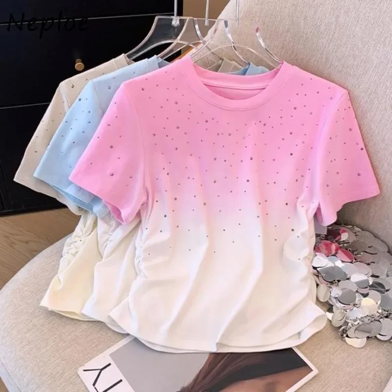 Neploe Fashion Tie Dye Gradient O-neck T-shirts 2024 Summer New Diamond Tops Women Y2k Short Sleeve Pink White Tee Shirt