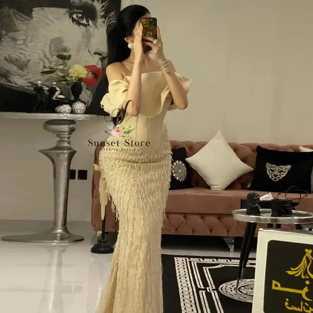 Customized Off the Shoulder Sequin Evening Dresses Champagne Corset Dress Beading Mermaid Formal Wedding Evening Gown