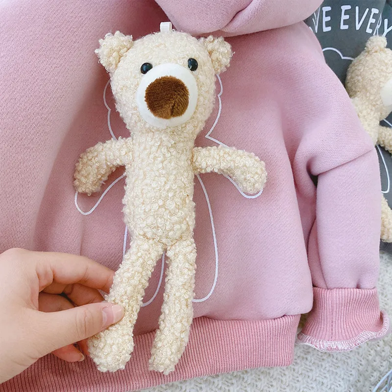 سترة بغطاء للرأس من الصوف الكرتوني للأطفال للخريف والشتاء، سترة لطيفة بأكمام طويلة مع لعبة دب قابلة للفصل، ملابس للأطفال الأولاد والبنات