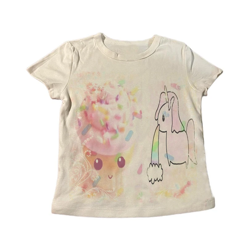 Kawaii Coquette Damen Rundhals-Langarmshirt mit süßem Einhorn-Eiscreme-Print, schmal geschnittenes Y2K Vintage Casual T-Shirt – Detail 5