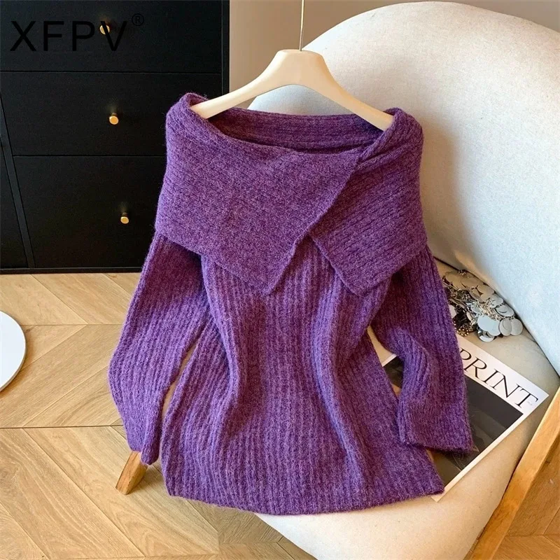 XFPV الحلو نمط طويلة الأكمام مائل الرقبة الدافئة محبوك سترة لينة المرأة شتاء جديد البلوز التخسيس الأرجواني البلوز 22D3409 #1