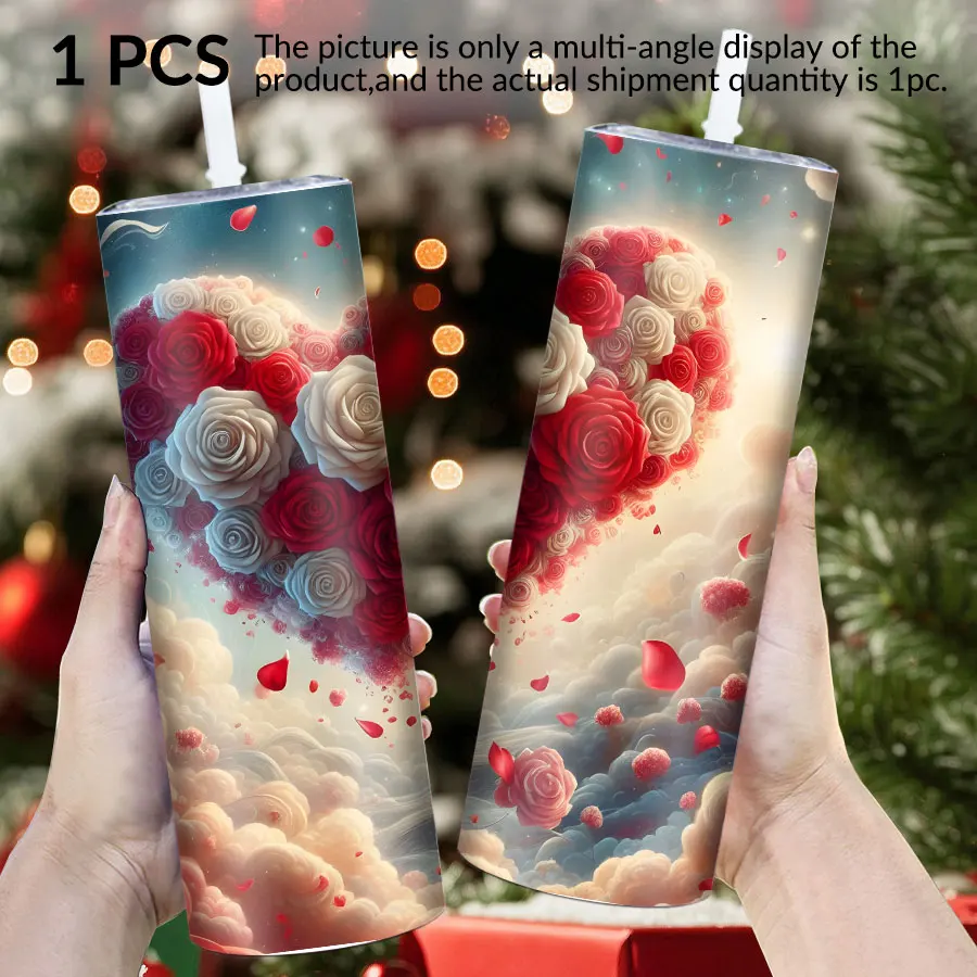 1pc 20Oz stainless steel flat glass with lid and straw rose clouds love elements suitable for Christmas and Halloween as a gift.
