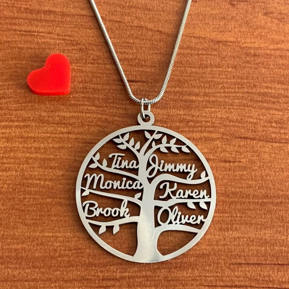 Custom Family Tree Multiple Names Necklace Women Jewelry Stainless Steel Personalized Nameplate Tree Life Pendant Necklace