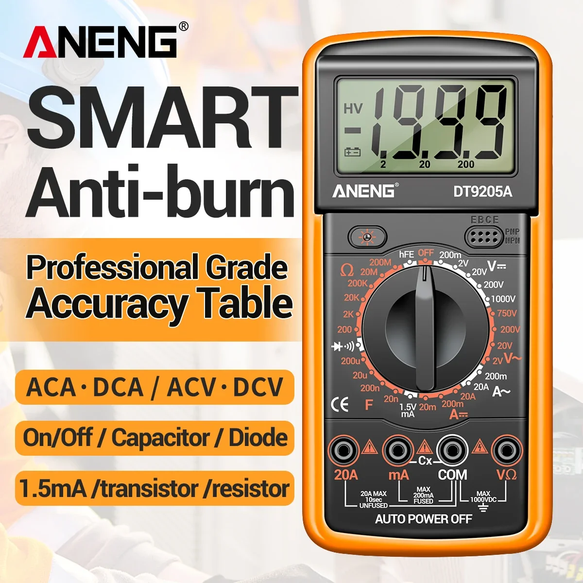 ANENG DT9205A Digital Multimeter 1999 Counts AC DC Voltage Current Capacitance Resistance Tester Diode Triode Test Auto Shutdown