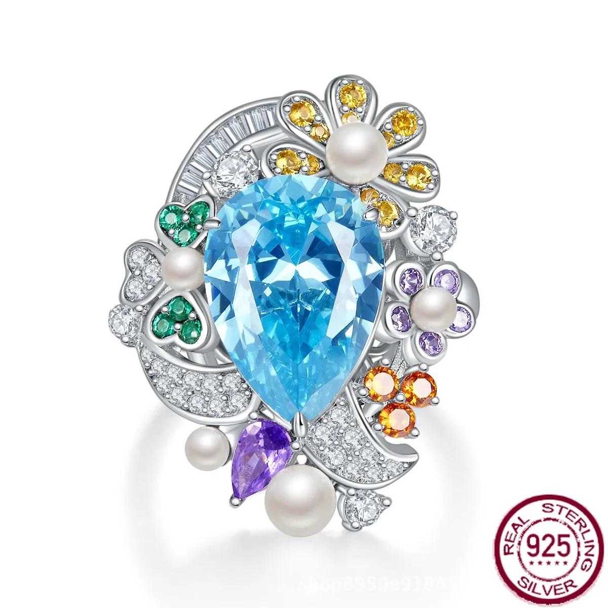 

Новое популярное серебро s925, полный бриллиант, морской синий, капля сокровищ, Моне, садовое, богатое женское кольцо, свадебные украшения