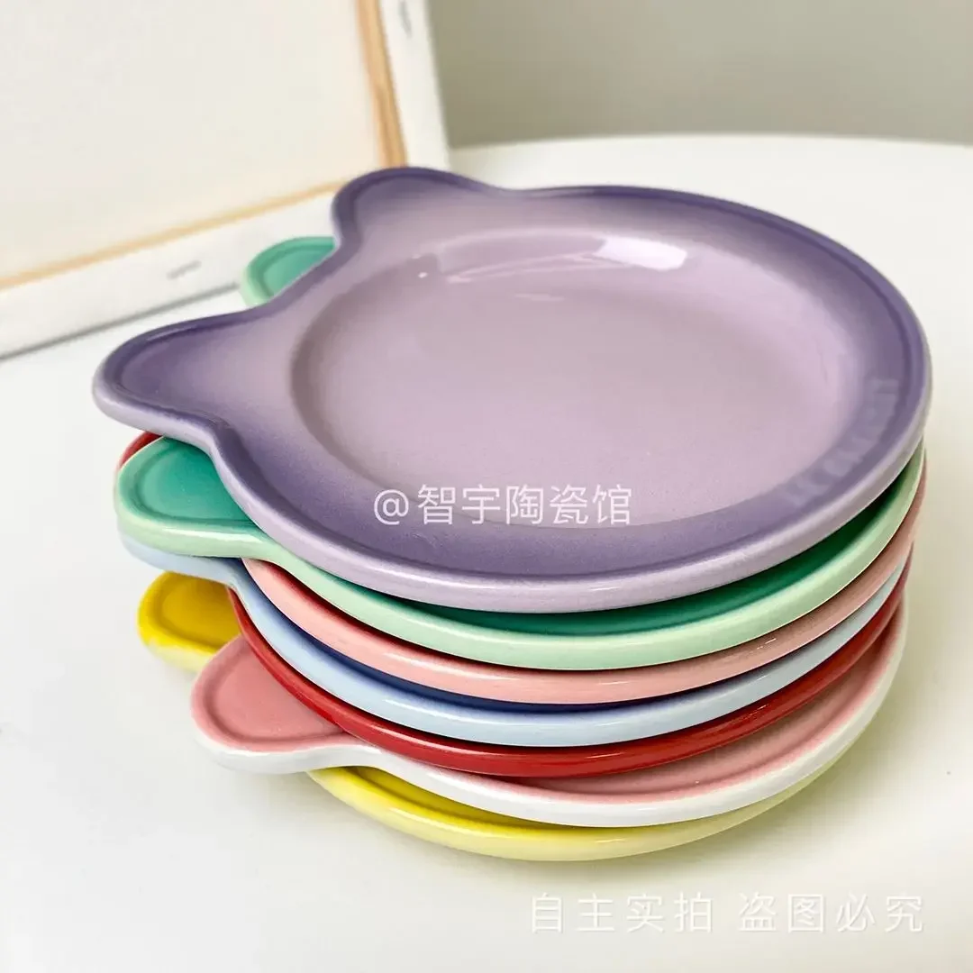 Little Bear Plate Instagram Cabbage Dessert Ceramic Flat Plate Pet Fruit Plate Snack Cat Bowl Ceramic Raw Bone and Meat Dish