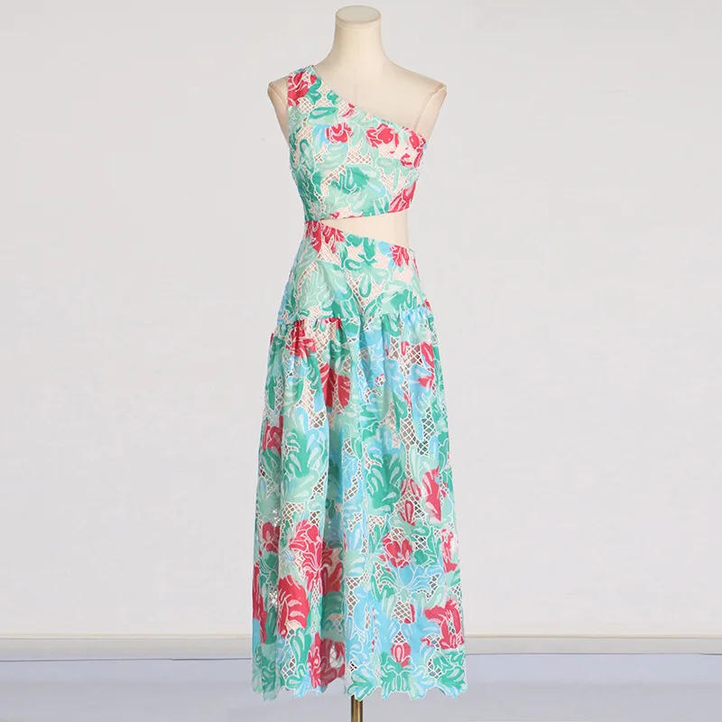 ROMISS French elegant style sloping shoulder long dress with floral print and exposed waist design for women