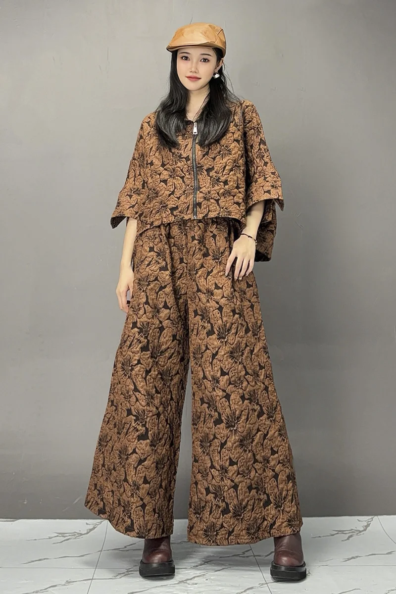 2024 Autumn New Women Printed Set Long Top Wide Leg Pants Elegant Fashion Casual Skirt Two Piece Set J377