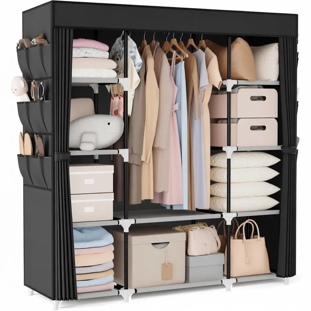 

Large 57.3 Inch Portable Clothes Rack with Cover, 10 Shelves, 1 Hanging Rod, 6 Pockets, Black