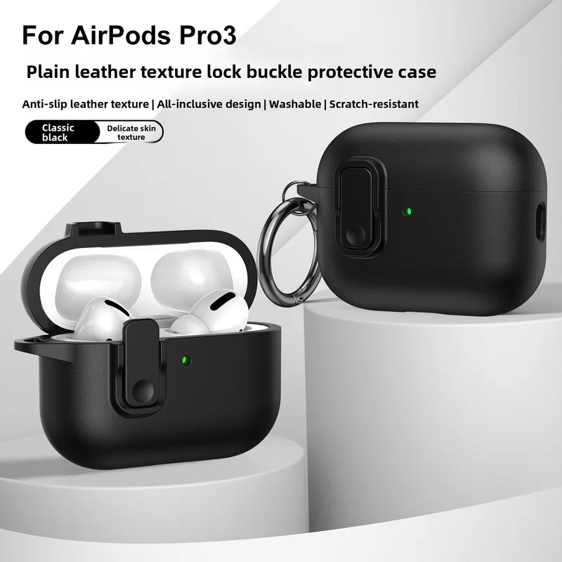 Leather Texture Button Lock-Clasp Case for AirPods Pro3 / Pro2 / AirPods4, Full Cover Shockproof Shell with Cleaning Tool