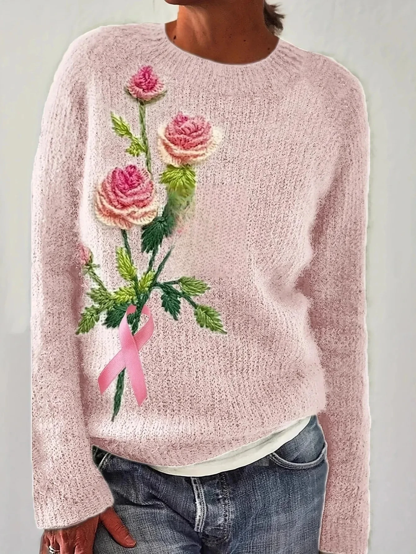 Outono inverno malha manga longa em torno do pescoço camisola 3d flor bordado moda feminina topo