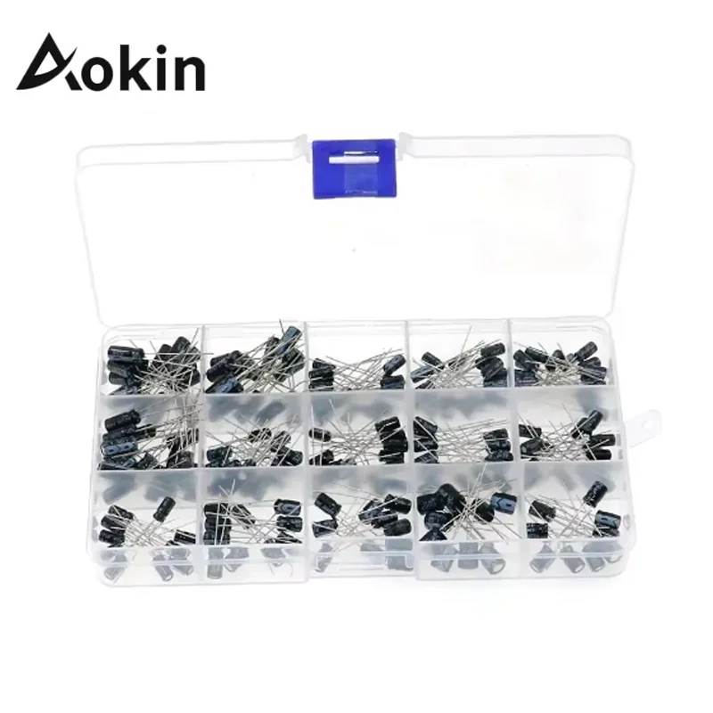 Aokin 200pcs Radial capacitors set 15Values 10V 16V 25V 50V 0.1uF-220uF Electrolytic Capacitor Assortment Kit 0.22uf 2.2uf 100uf