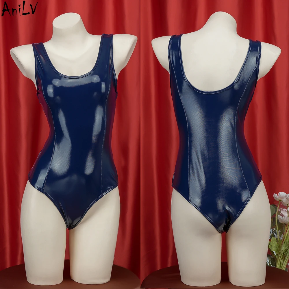 AniLV Anime School Student Girl Bright Lenther Tight Bodysuit One piece Swimsuit Swimwear Cosplay Costumes