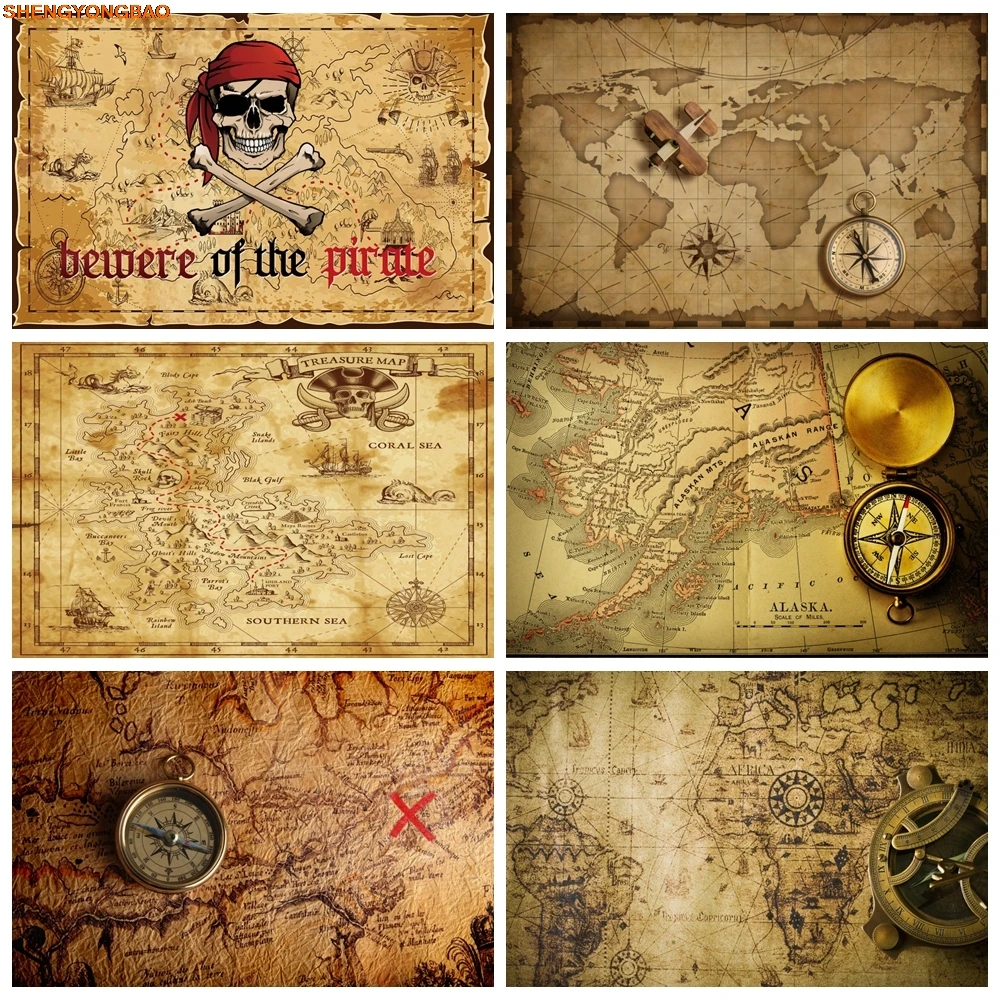 

Vintage World Map Backdrop Pirate Airplane Compass World Travel Kids Boy Birthday Party Baby Shower Photography Background Prop