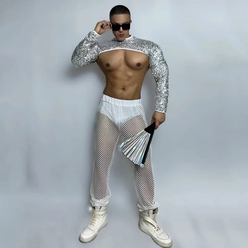 머슬맨 폴 댄스 의류, 고고 댄스 코스튬, 레이브 의상, 실버 스팽글 탑 메쉬 팬츠 바, DJ Ds 무대 클럽웨어, XS5052