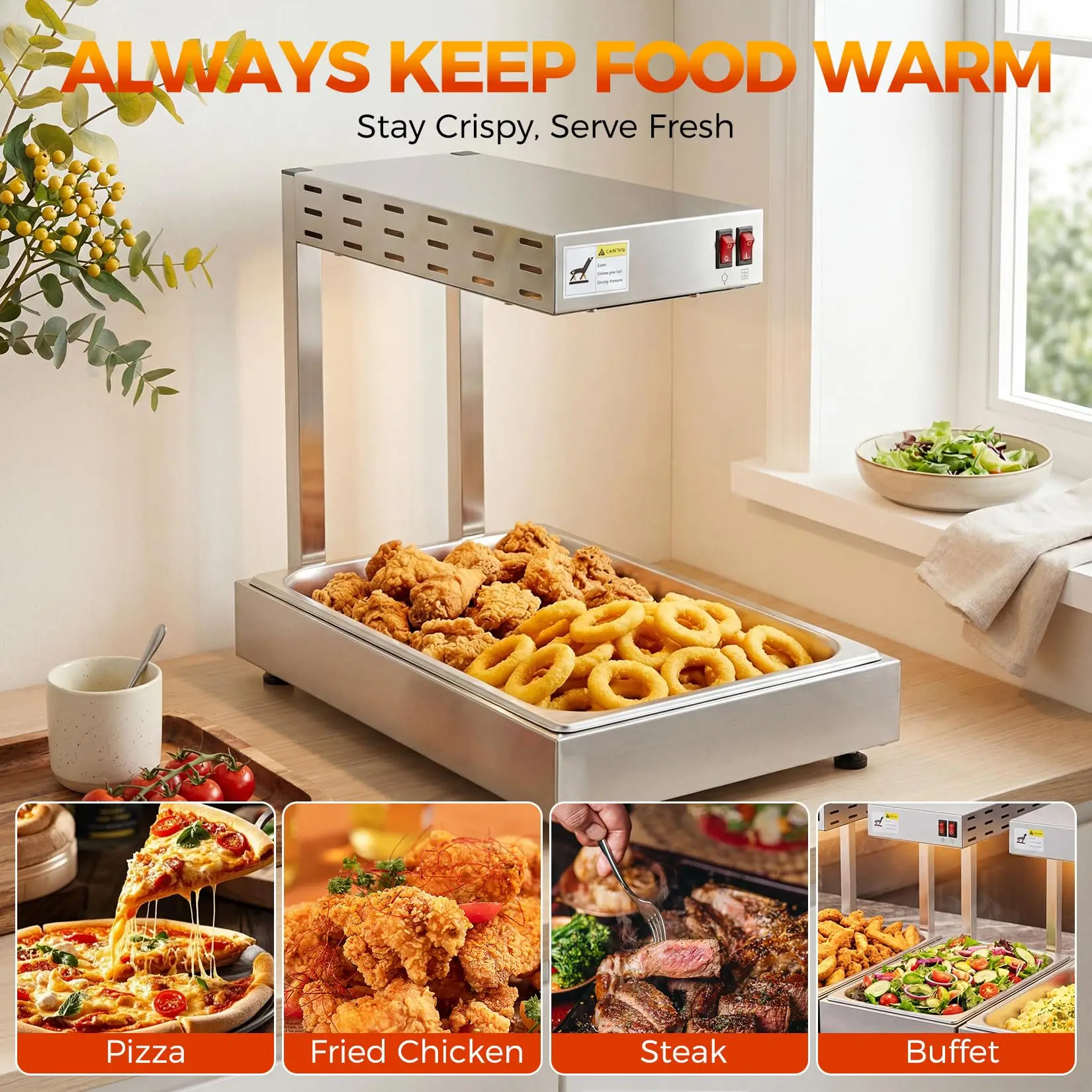 Estação de aquecimento de alimentos por infravermelho comercial com base de aço inoxidável, lâmpada de calor para balcão, para batatas fritas, pizza, buffet e restaurante.