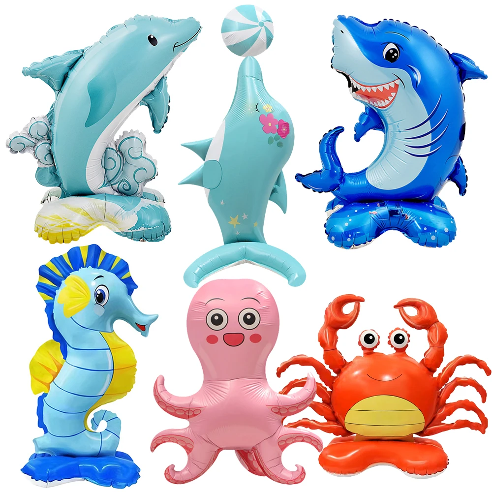 Inflatable Sea Animals Balloons Stanging Shark Fish Dolphin Octopus Sea Horse Balloons Ocean Foil Balloons Birthday Party Decor