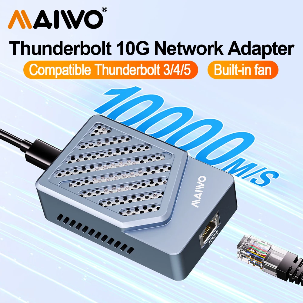 

MAIWO Портативная 10-гигабитная сетевая карта Thunderbolt 3 USB 4,0 10 Гбит/с Поддержка рассеивания тепла Бесшумная для высокоскоростной передачи данных