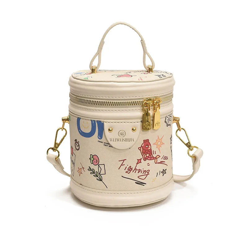 

Round Bucket Crossbody Bag For Women Cute Cartoon Printing Handbags Zipper Flap Mini Small Bag Female Tote Designer Shoulder Bag