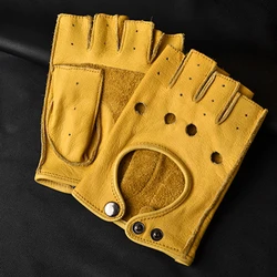 Guantes de cuero para hombre, manoplas de medio dedo para Fitness, deportes, conducción, antideslizantes, resistentes al desgaste, conducción, Retro, motocicleta, piel de oveja