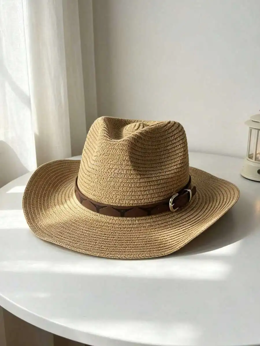 

Beach Straw Cowboy Hat For Women, UV Protection Wide Brim Summer Sun Hat With Leather Band,Vacation