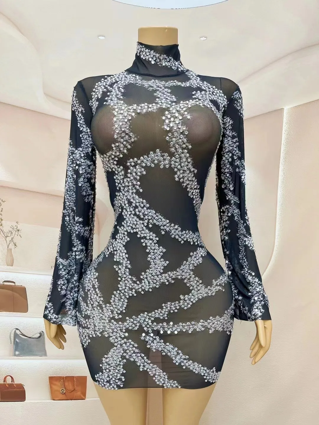 

Sexy See Through Black Mesh White Printing Short Dress for Women Evening Prom Party Wear Photo Shoot Stage Performance Costume